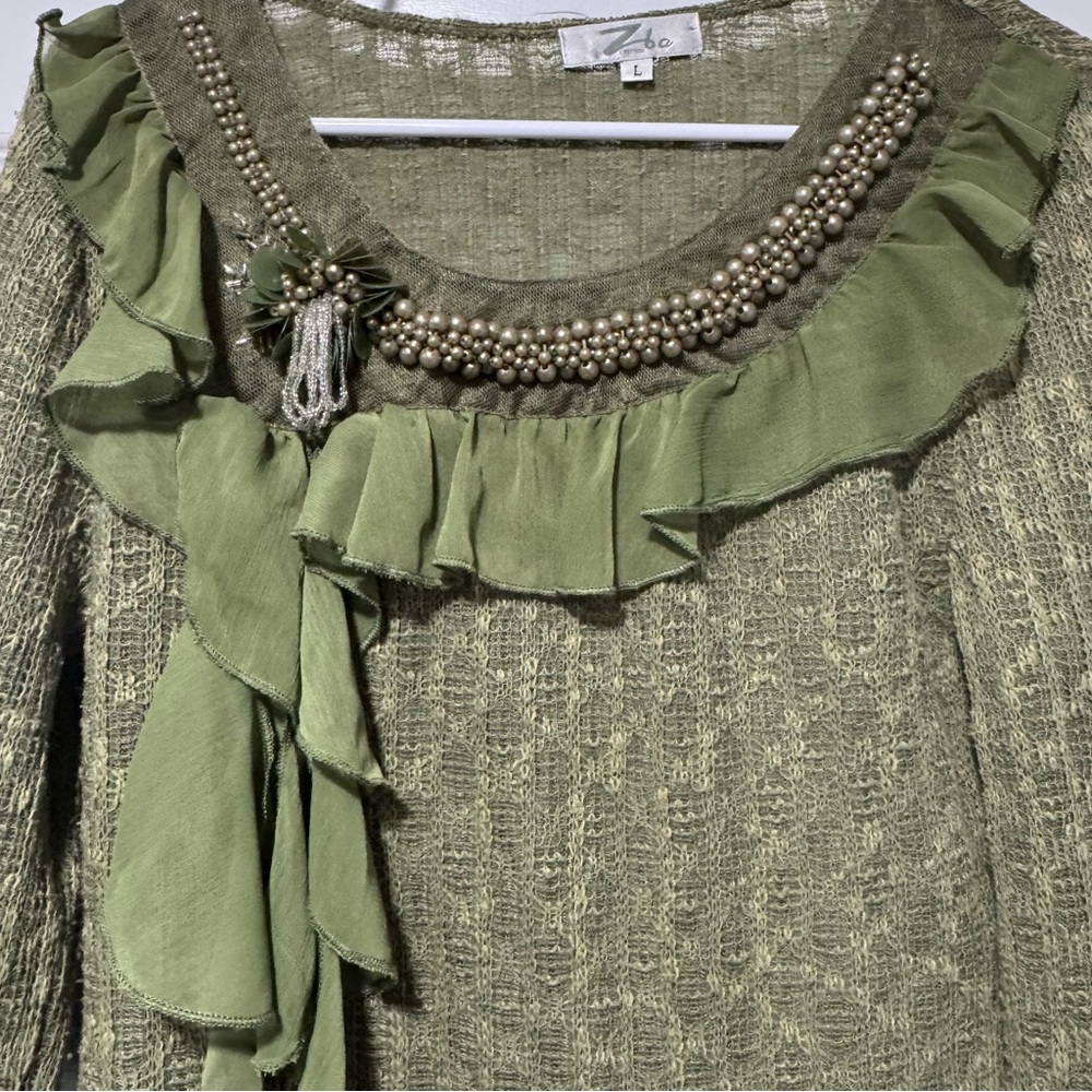 Olive Ruffle Boho Blouse - Picture 3 of 9